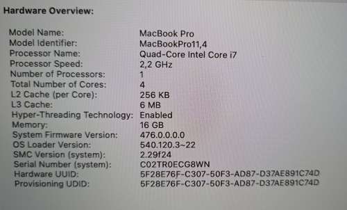MacBook Pro (Retina) Mid 2015, Intel i7 Quad Core @2.,2Ghz, 16GB RAM, 250GB SSD, 15.4` (2880x1800)