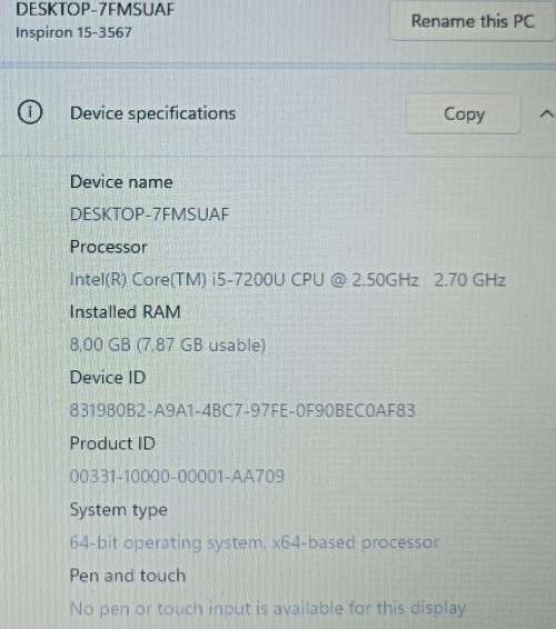 Dell Inspiron 15 3567, 7th Gen i5-7200U@2.5GHz, 8GB RAM, 240GB SSD, 15.6` HD Display, Windows 11