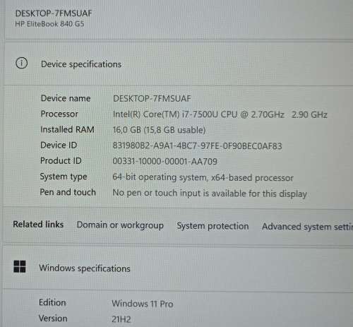HP EliteBook 840G5, 7th Gen Intel i7-7500U@2.7GHz, 16GB RAM, 256GB NVMe SSD, 14` FHD Display, Win11