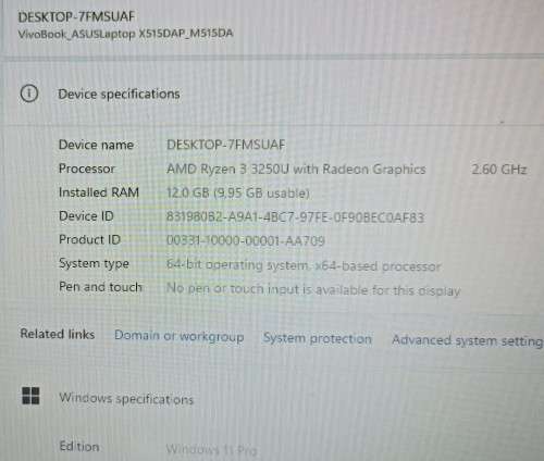 Asus VivoBook M515, AMD Ryzen 3 3250U@2.6GHz, Radeon Graphics, 12GB RAM, 256GB NVMe SSD, Win 11