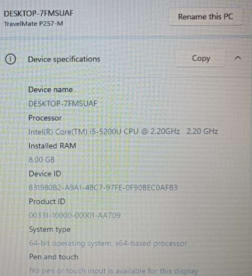 Acer TravelMate P257-M, Intel i5-5200U@2.2GHz, 8GB RAM, 240GB SSD, 15.6 HD Display, Windows 11