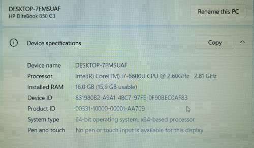 HP EliteBook 850 G3, Intel i7-6600U@2.6GHz, 16GB RAM, 500GB SSD, 15.6 FHD Display, Windows 11
