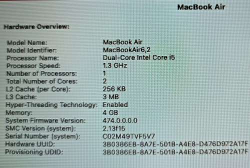Apple MacBook Air 13` mid-2013, Intel i5 Dual Core@1.3GHz, 4GB RAM, Intel HD 5000,121GB SSD