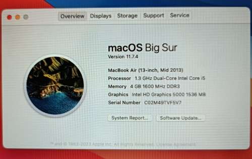 Apple MacBook Air 13` mid-2013, Intel i5 Dual Core@1.3GHz, 4GB RAM, Intel HD 5000,121GB SSD