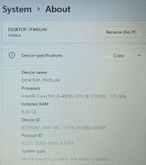 Asus X540LA, Intel i3-4005U@1.7GHz, 8GB RAM, 1TB HDD, 15.6` HD Display (1366x768) Windows 11
