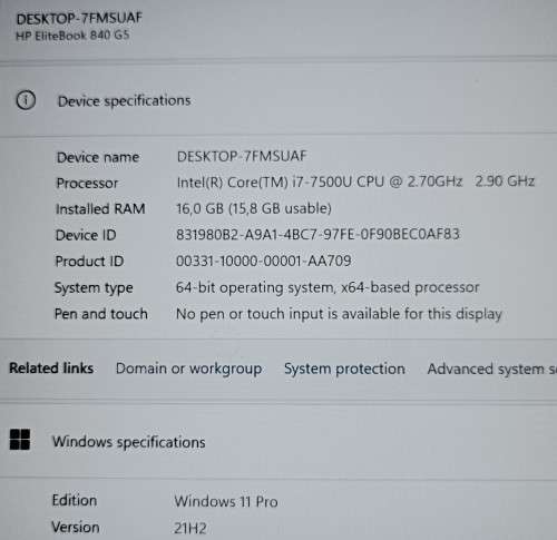 HP EliteBook 840 G5, Intel i7-7500U@2.7GHz, 16GB RAM, 256GB m.2 SSD, 14` FHD Display, Windows 11