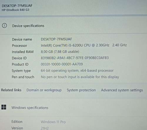 HP EliteBook 840G3, Intel i5-6200U@2.3GHz. 8GB RAM, 240GB SSD, 14` FHD Display, Windows 11 Pro