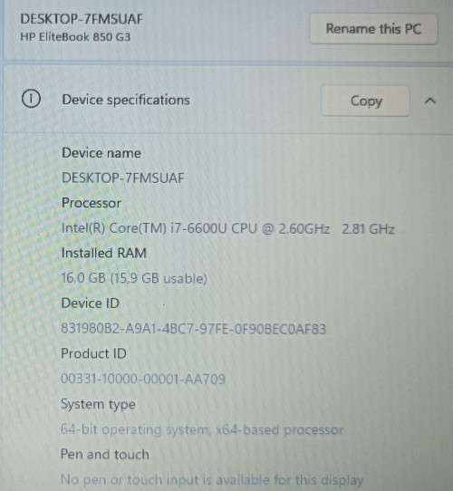 HP EliteBook 840G5, Intel i7-6600U@2.6GHz, 16GB RAM, 256Gb NVMe SSD, 14` FHD Display, Win11