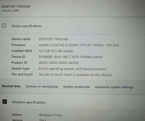 Dell Latitude 5490, 8th Gen i5-8350U@1.7GHz, 12GB RAM, 256GB NVMe SSD, 14` FHD Display, Win11