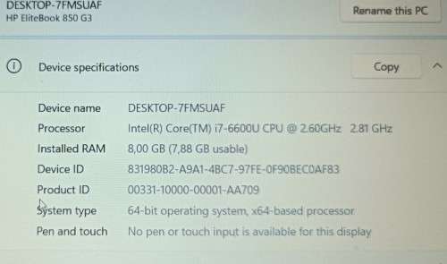 HP EliteBook 850G3, Intel i7-6600U@2.6GHz, 8GB RAM, 512GB m.2 SSD, 15.6` FHD Display, Windows 11