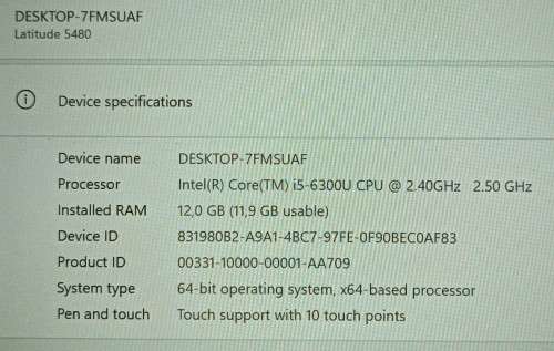 Dell Latitude 5480, Touch Screen, Intel i5-6300U@2.4GHz, 12GB RAM, 256GB m.2 SSD, 14` FHD Display