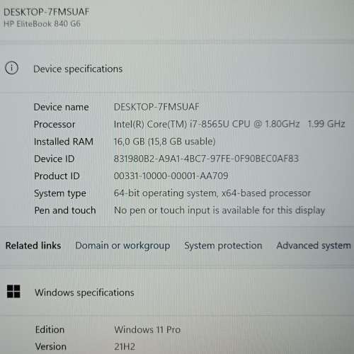 HP EliteBook 840G6, 8th Gen i7-8565U@1.8GHz, 16GB RAM, 512GB m.2 SSD, 14` FHD Display, Windows 11