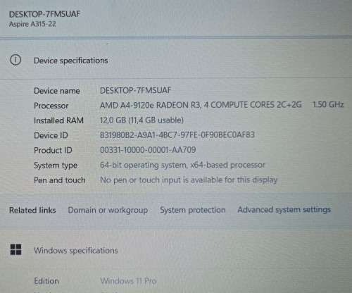 Acer Aspire 3 A315-22, AMD A4-9120e Radeon R3 @1.5GHz, 12GB RAM, 128GB NVMe SSD, 1TB HDD, 15` FHD