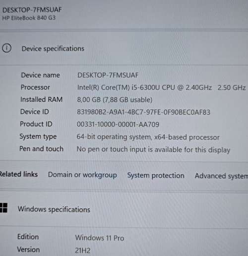 HP EliteBook 840G3, Intel i5-6300U@2.4GHz, 8GB RAM, 250GB m.2 SSD, 500GB HDD, 14` FHD Display, Win11