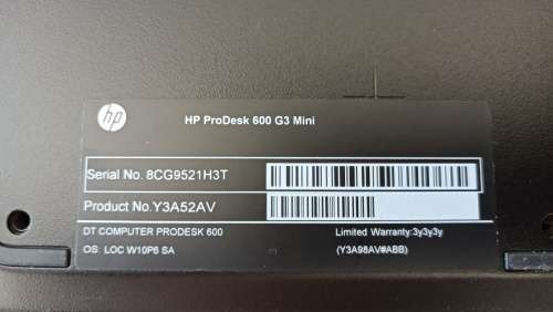 HP ProDesk 600 G3 Mini, 6th Gen i3-6100T@3.2GHz, 8GB RAM, 500GB SSD, Windows 11 Pro