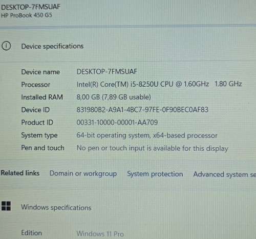 HP ProBook 450 G5, 8th Gen i5-8250U@1.6GHz, 8GB RAM, 240GB SSD, 15.6` FHD Display, Win 11