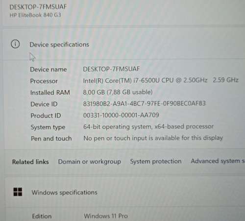 HP EliteBook 840G3, 14` WQHD 2K Display, intel i7-6500U@2.5GHz, 8GB RAM, 256GB m.2 SSD, Win11