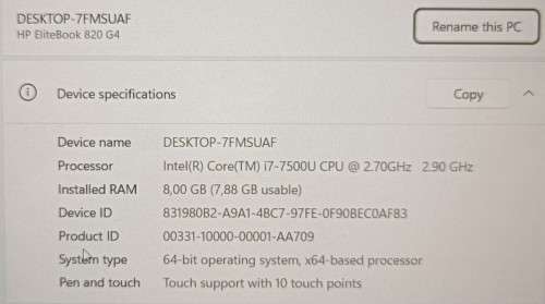 HP Elitebook 820G4, 12.5in FHD Touchscreen,7th gen i7-7500U@ 2.7GHz, 8GB RAM, 256GB SSD, Win11