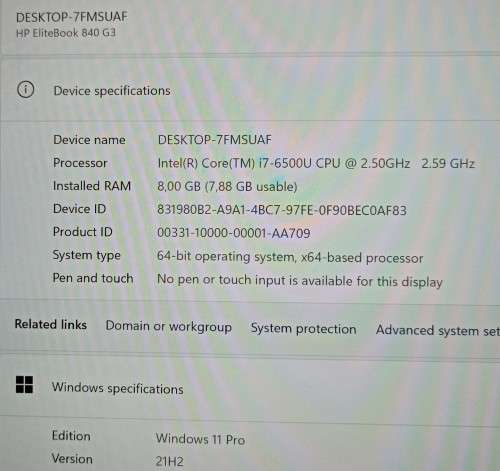 HP EliteBook 840G3, 14` WQHD 2K Display, intel i7-6500U@2.5GHz, 8GB RAM, 256GB m.2 SSD, Win11