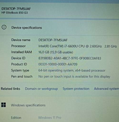 HP EliteBook 850G3, Intel i7-6600U@2.6GHz, 16GB RAM, 256GB m.2 SSD, 500GB HDD, 15.6` FHD Display