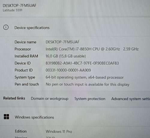Dell Latitude 5591, Nvidia MX130 GPU,8th Gen Intel i7-8850H@2.6GHz, 16GB RAM, 256GB m.2 SSD, 15` FHD
