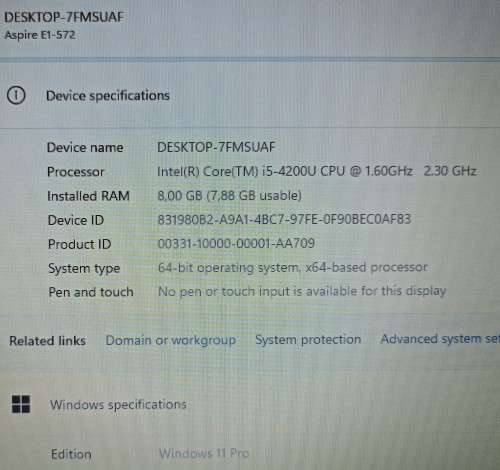 Acer Aspire E-1-572, Intel i5-4200U@1.6GHz, 8GB RAM, 1TB HDD, DVD-RW, 15.6` HD Display, Win11