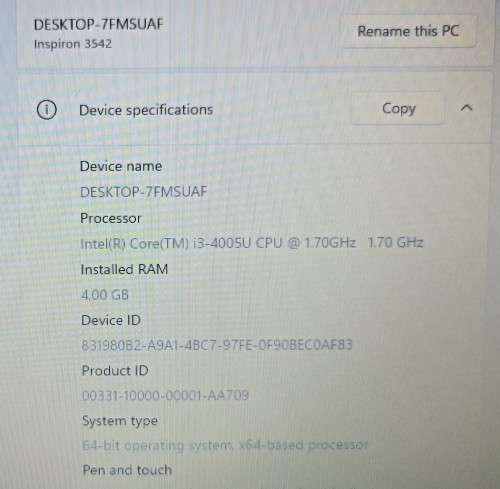 Dell Inspiron 15-3542, Intel i3-4005U@1.7GHz, 4GB RAM, 500GB HDD, 15.6` HD Display, Win 11