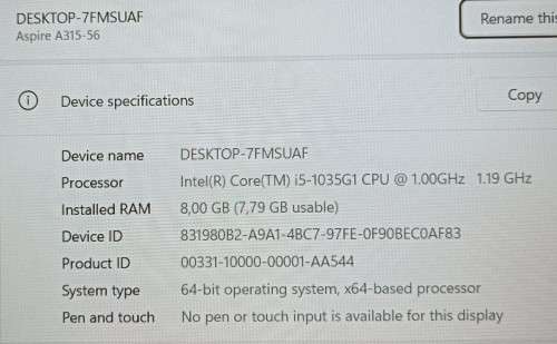 Acer Aspire A315-56, 10th Gen i5-1035G1@1GHz, 8GB RAM, 256GB NVMe SSD, 15` FHD Display, Win11