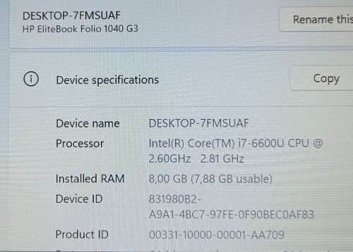 HP EliteBook Folio 1040 G3, i7-6600U@2.6GHz, 8GB RAM, 512GB m.2 SSD, 14` FHD Display, Win 11