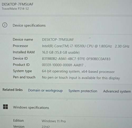 Acer TravelMate P214-52, 10th Gen i7-10510U@1.8GHz, 16GB RAM, 256GB NVMe SSD, 14` FHD Display, Win11