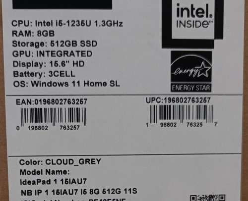 New in sealed box Lenovo IdeaPad 1 15IAU7, 12th Gen i5-1235U, 8GB RAM, 512GB NVMe SSD,15.6` Notebook