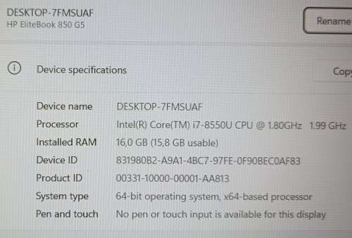 HP EliteBook 850G5, RX 540 GPU, 8th Gen i7-8550U@1.8GHz, 16GB RAM, 256GB NVMe SSD, 15` FHD Display