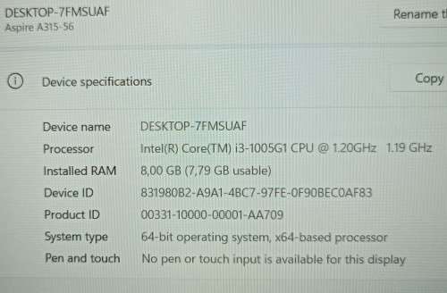 Acer Aspire A315-56, 10th Gen i3-1005G1@1.2GHz, 8GB RAM, 256GB SSD, 1TB HDD, 15` FHD Display, Win11
