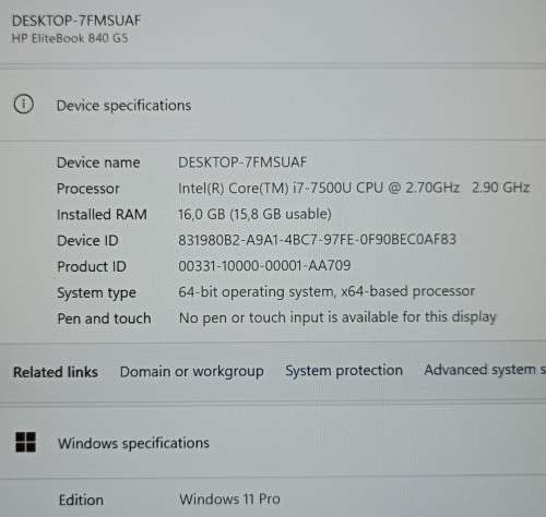 HP EliteBook 840 G5, 7th Gen i7-7500U@2.7GHz, 16GB RAM, 256GB m.2 SSD, 14` FHD Display, Win 11