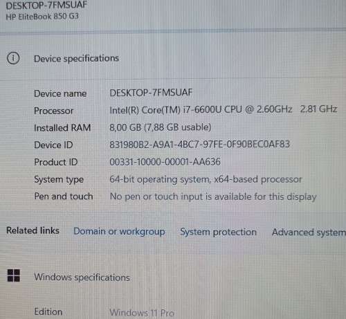 HP EliteBook 850G3, Intel i7-6600U@2.6GHz, 8GB RAM, 256GB m.2 SSD, 2TB HDD, 15` FHD Display, Win11