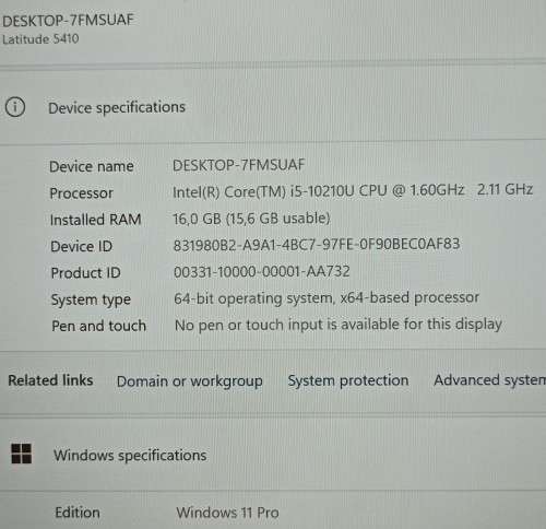 Dell Latitude 5410, 10th Gen i5-10210U@1.6GHz, 16GB RAM, 256GB NVMe SSD, 14` FHD Display, Windows11