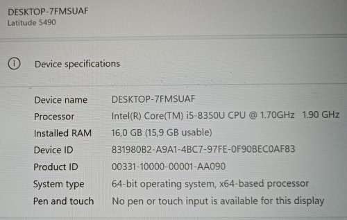 Dell Latitude 5490, 8th Gen i5-8350U@1.7GHz, 16GB RAM, 256GB m.2 SSD, 14` FHD Display, Windows 11