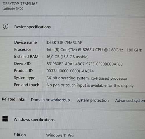 Dell Latitude 5400, 8th GEN I5-8265u@1.6ghz, 16GB RAM, 256gb NVMe SSD, 14` FHD Display, Win11