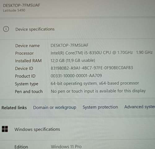 Dell Latitude 5490, 8th Gen i5-8350U@1.7GHz, 12GB RAM, 256GB m.2 SSD, 14` FHD Display, Windows 11