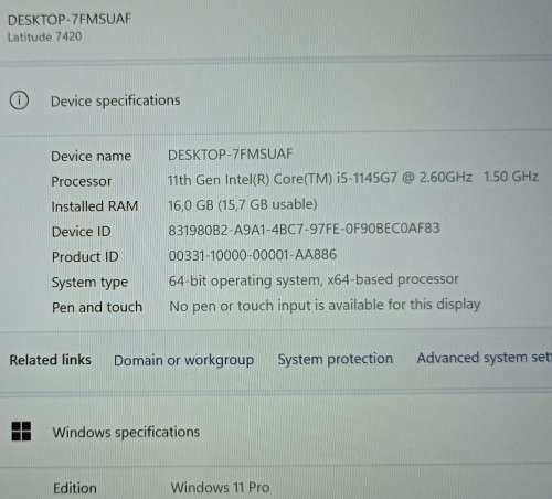 Dell Latitude 7420, 11th Gen i5-1145G7@2.6GHz, 16GB RAM, 256GB NVMe SSD, 14` FHD Display, Win 11