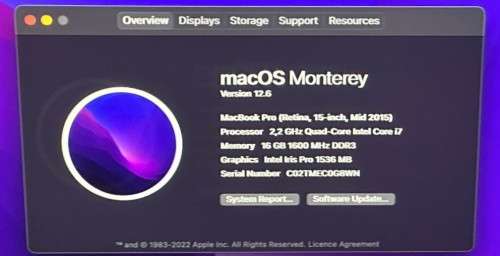 Apple MacBook Pro Retina 15` mid 2015, Intel i7 Quad Core@2.2GHz, 16GB RAM, 251GB SSD, macOS Monter