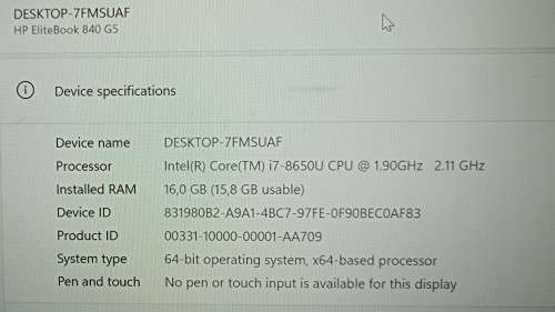 HP EliteBook 840 G5, AMD RX 540 GPU, 8th Gen i7-8650U@1.9GHz, 16GB RAM, 256GB m.2 SSD, 14` FHD