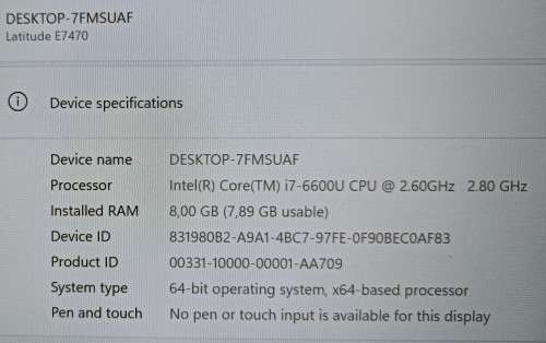 Dell Latitude E7470, 6th Gen i7-6600U@2.76GHz, 8GB RAM, 512GB m.2 SSD, 14` FHD Display, Win11