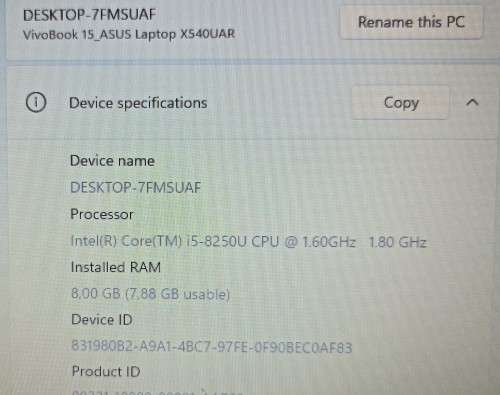 Asus Vivobook 15 X540UAR, 8th Gen i5-8250@1.6GHz, 8GB RAM, 480GB SSD, 15` HD Display, Win 11