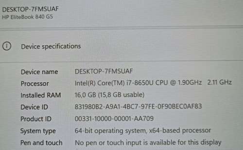 HP EliteBook 840 G5, AMD RX 540 GPU, 8th Gen i7-8650U@1.9GHz, 16GB RAM, 256GB m.2 SSD, 14` FHD
