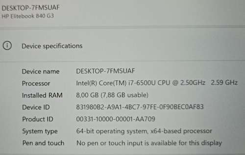 HP EliteBook 840G3,  14`QHD Display (2560x1440), i7-6500U@2.5GHz, 8GB RAM, 256GB NVMe SSD, Win11