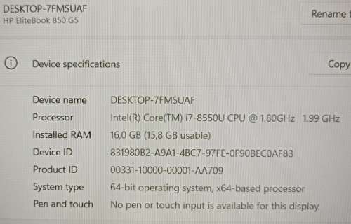 HP EliteBook 850 G5,LTE  8th Gen i7-8550U@1.8GHz, 16GB RAM,256gbm.2 SSD, 14` FHD Display