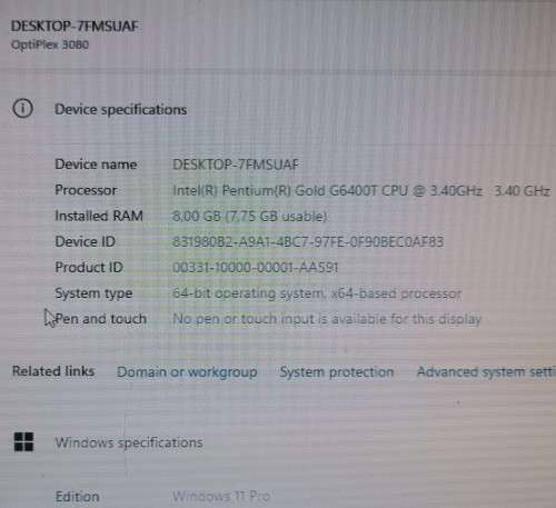 Dell OptiPlex 3080 micro, 10th Gen Intel Pentium Gold G6400T@3.4GHz, 8GB RAM,256GB NVMe SSD