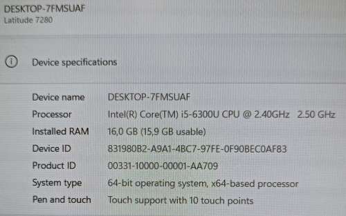 Dell 7280 TouchScreen UltraBook, Intel i5-6300U@2.5GHz, 16GB RAM, 256GB m.2 SSD, 12.5` FHD Display