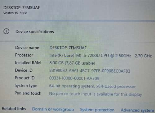 New Battery - Dell Vostro 15-3568, Intel i5-7200U@2.5GHz, 8GB RAM, 250GB SSD, 15` HD Display, Win11